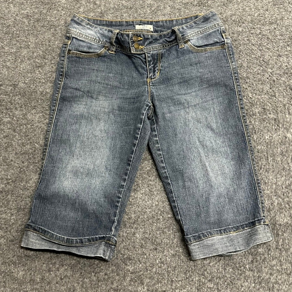Hydraulic Shorts Womens Size 7 Blue Denim Bermuda Ramie Cotton Cuffed Stretch